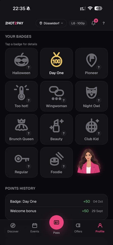 2HOT2PAY App: Abzeichen und Punkteverlauf